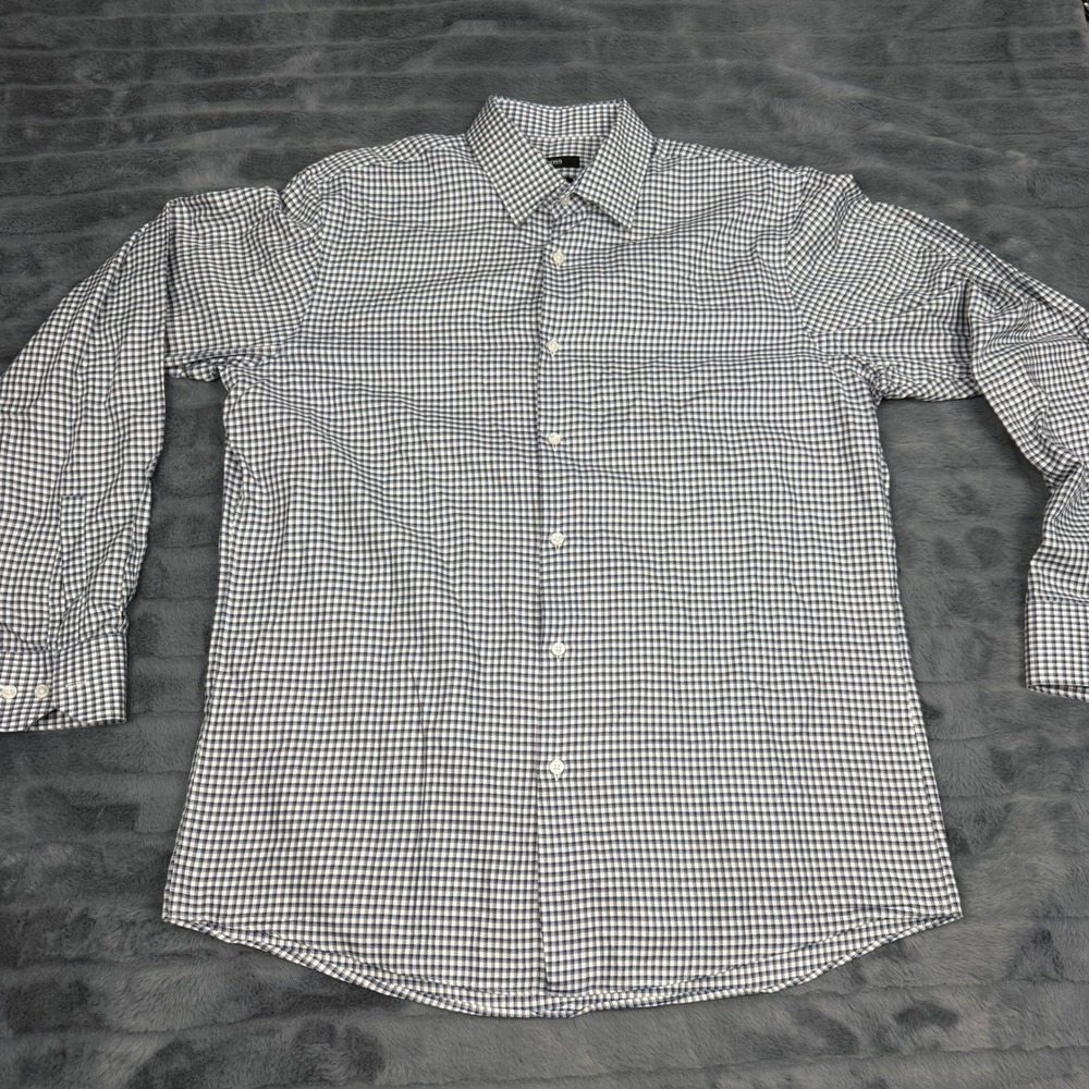 Hugo Boss Regular Fit Blue White Gingham Cotton Dress Shirt 16.5 34/35 Mens